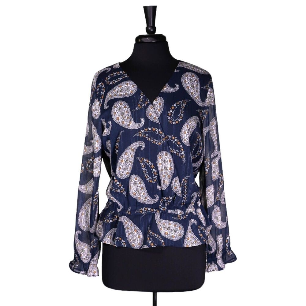 Ann Taylor LOFT Women's Blouse Blue Paisley V-Neck Elastic Waist Shirt Top S NWT